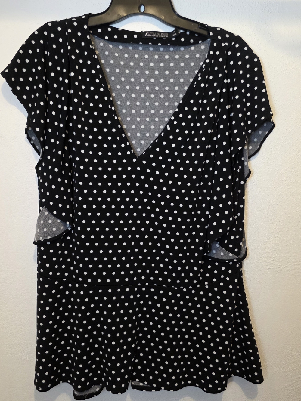 New York & Company Black and White Polka Dot V-Neck Peplum Blouse Flutter Sleeve